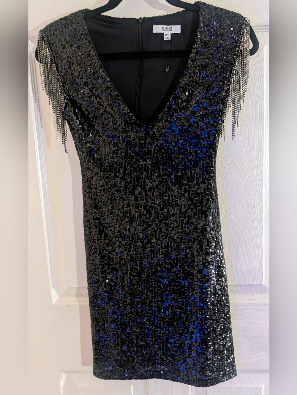 BB Dakota By Steve Madden Black Sequin Crystal Fringe Lined Mini Dress - Picture 3 of 4